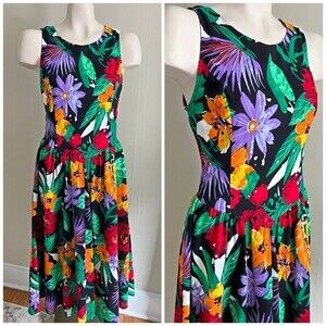 Vintage Floral Midi Dress - Black, Red, Purple, Green
